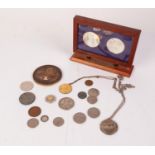 TWO SILVER COLOURED MEDALLIONS RELATING TO FREE MASONRY, one to commemorate Free Masons Hall, London