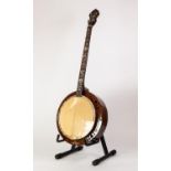 UNBRANDED, MODERN FOUR STRING BANJO, inlaid in mother of pearl with design of phoenix and flowers to