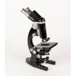 C. BAKER, LONDON, BLACK LACQUERED BINOCULAR MICROSCOPE, in fitted mahogany case with accessories and