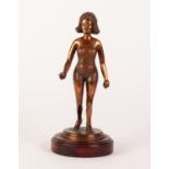 OXYDISED COPPER FEMALE FIGURE modelled standing, wearing a bathing suit, on a circular base and