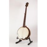 UNBRANDED FIVE STRING BANJO, with floral inlaid headstock, and box wood outlined and radiating