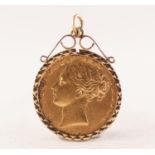 VICTORIA GOLD SOVEREIGN TYPE I 1872 (F) loose mounted in 9ct gold frame as a pendant