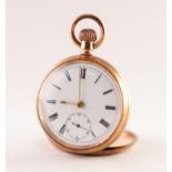 EARLY 20th CENTURY ROLLED GOLD OPEN FACED POCKET WATCH with keyless movement, white roman dial