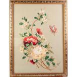 FRAMED ORIENTAL SILK WORK DECORATIVE PANEL sprigs of blossom and chrysanthemums and a butterfly on