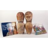 THREE CALICO COVERED CORK HEAD PATTERN WIG STANDS, 11 ½? (29.2cm), 11? (28cm) and 9 ½? (24cm)