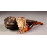 LATE 19th CENTURY MEERSCHAUM PIPE carved in the form of a ladies head wearing a lacework bonnet