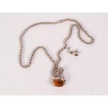 SILVER HEAVY ROPE CHAIN NECKLACE PENDANT, with a silver and revolving citrine fob and a PAIR OF STUD