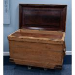 DEAL WOOD TWO HANDLED LARGE TOOL CHEST, of typical form with through dovetail construction and metal