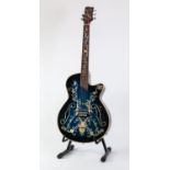 SIX STRING ELECTRIC ACOUSTIC GUITAR, in fading blue colourway, inlaid in mother of pearl with urns