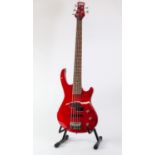 POWER BEAT FOUR STRING ELECTRIC BASS GUITAR, in red colourway with nickel and black hardware and