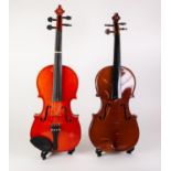 TWO CHINESE STUDENT VIOLINS in cases with bows (2)