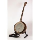 RALLY FIVE STRING BANJO, finely inlaid in mother of pearl with scrolling foliage borders and