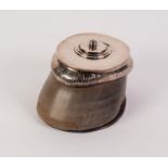 SHEFFIELD PLATE MOUNTED HORSES HOOF INKWELL, with hinged circular well cover, plated horseshoe to