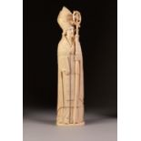 CARVED 19th CENTURY DIEPPE IVORY TRIPTYCH FIGURE bishop carrying crozier, robe opens to reveal