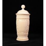 INTERESTING EARLY TWENTIETH CENTURY RUSSIAN CARVED IVORY SPORTING TROPHY CUP AND COVER, of footed