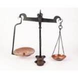 AGED SET OF WROUGHT IRON AND COPPER BALANCE SCALES, 20 ¼? (51.4cm) high, together with a SEVEN