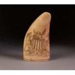 19th CENTURY WHOLE TOOTH SCRIMSHAW DECORATED WITH AN AMERICAN SHIELD OF INDEPENDENCE with five