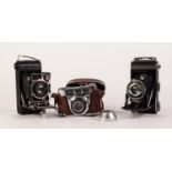 TWO VINTAGE ENSIGN VEST POCKET CAMERAS, one in brown leather case, together with a RETINETTE IB ROLL