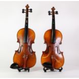 TWO CHINESE VIOLINS, one with bow, both in hard cases