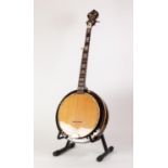 UNBRANDED, MODERN FIVE STRING BANJO, inlaid in mother of pearl, the back with winged insects and