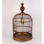BRASS AND TURNED WOOD WIRE PATTERN CIRCULAR, HANGING BIRD CAGE, 24? (61cm) high
