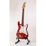UNBRANDED SIX STRING ELECTRIC GUITAR, in red colourway, with white and nickel hardware, pick-up
