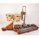 OLD BUNDY BRASS TRUMPET, a/f, if hard case, together with a PAIR OF ?DIAMOND? LAP BONGO DRUMS,