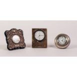 R. CARR MODERN SILVER FRONETED SMALL EASEL CLOCK embossed rococo design, on blue plush, Sheffield
