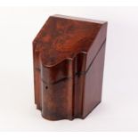 GEORGIAN LINE INLAID AND CROSSBANDED FLAME CUT MAHOGANY KNIFE BOX, with sloping top and serpentine