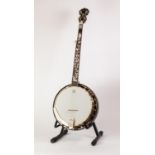 OZARK FIVE STRING BANJO, inlaid in mother of pearl, with an eagle?s head to the back and foliage