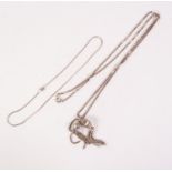 SILVER LONG BOX CHAIN NECKLACE, with two white metal pendant tassel fobs and a SILVER FINE CHAIN