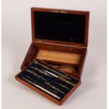 LATE 19th CENTURY MAHOGANY FITTED AND PLUSH LINED DRAWING INSTRUMENT BOX containing the lift out