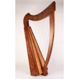 MODERN TWENTY TWO STRING FOLK CELTIC LEVER HARP, with carved walnut and ash frame, line inlaid