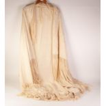 CHINESE CREAM SILK LARGE SHAWL with two opposing corners having floral decorated spandrels, deep