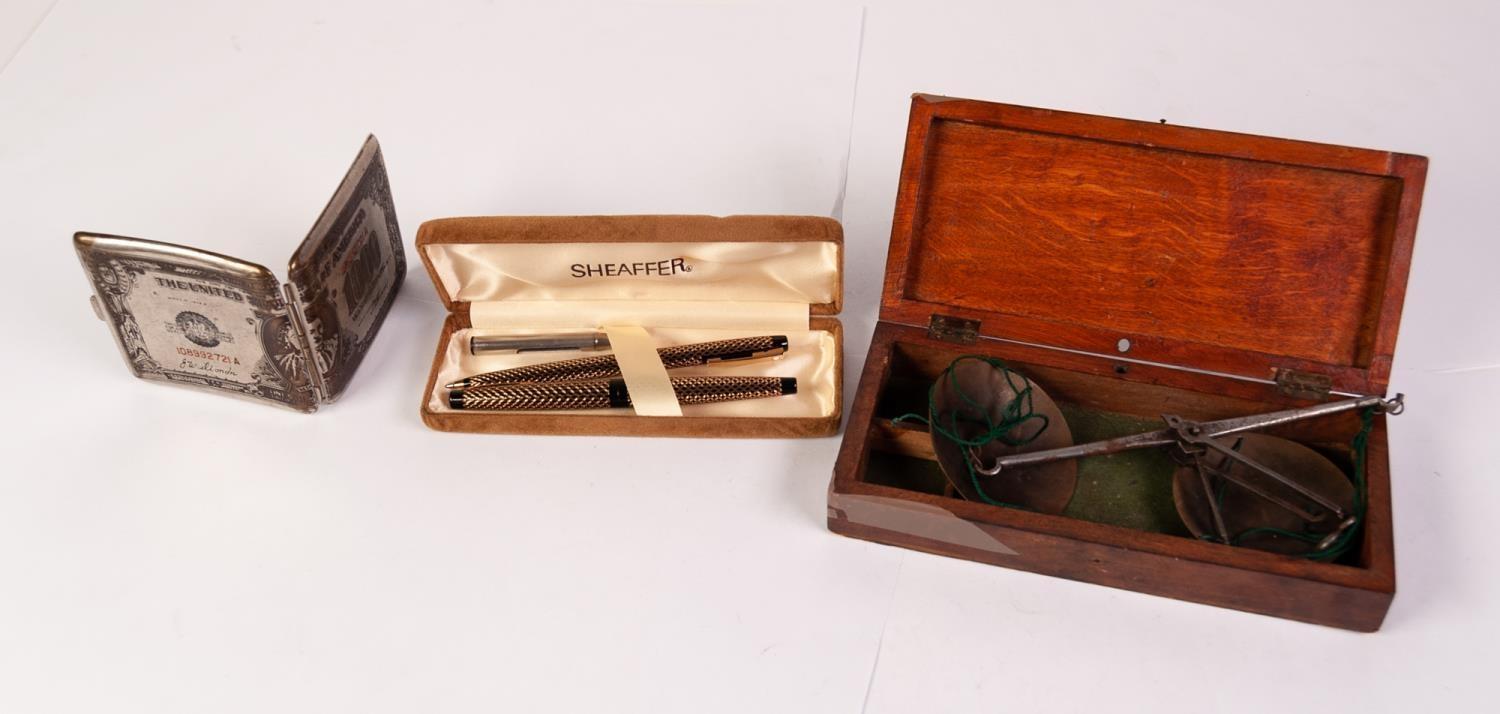 PAIR 19th CENTURY STEEL AND BRASS PORTABLE BEAM SCALES in stained wood fitted box, a MODERN BOXED