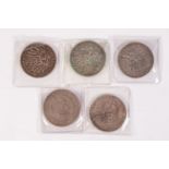 FIVE GERMAN STATES FIVE MARK SILVER COINS, viz Prussia 1902 large eagle (F) 1875 and 1876 (F),