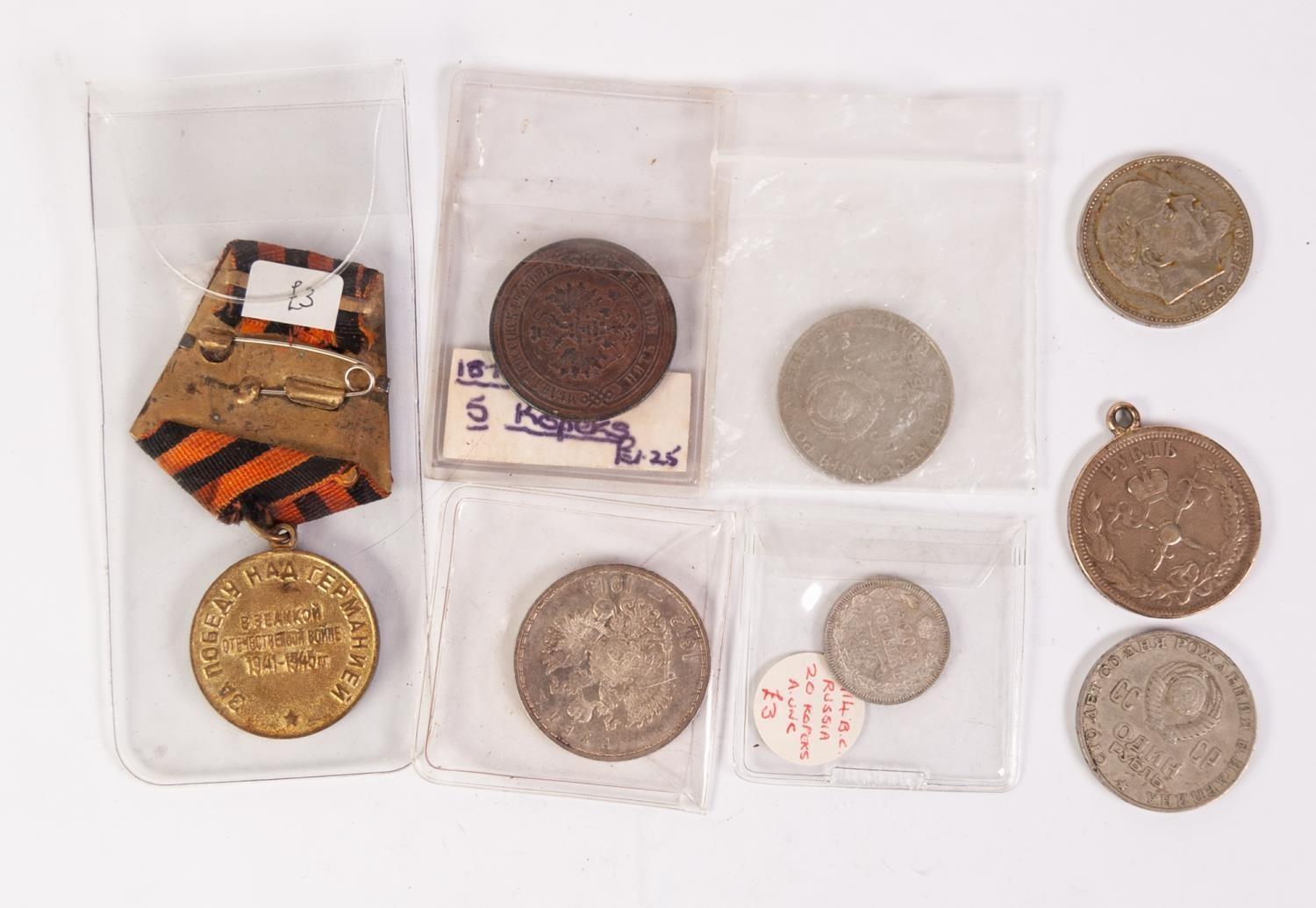 SUNDRY EARLY 20th CENTURY RUSSIAN SILVER COINS AND THREE BRONZE COMMEMORATIVE PIECES includes silver