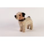 DEANS MID 20th CENTURY PLUSH COVERED STRAW-FILLED DOG, white, black and tan in standing pose and