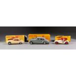 THREE BOXED DINKY TOYS No 108 MG Midget sports, white, maroon interior, red spun hubs decal No 28 in