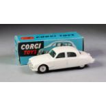 BOXED CORGI No 208 Jaguar 2.4 saloon white with windows and spun hub in blue picture card box