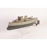 SUTCLIFFE MODELS TWO TONE GREY TIN PLATED CLOCKWORK MODEL OF A BATTLESHIP the structure with two