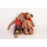 PROBABLY STEIFF VINTAGE SHORT PLUSH AND FELT FABRIC MONKEY, in costume and wearing a red fez, having