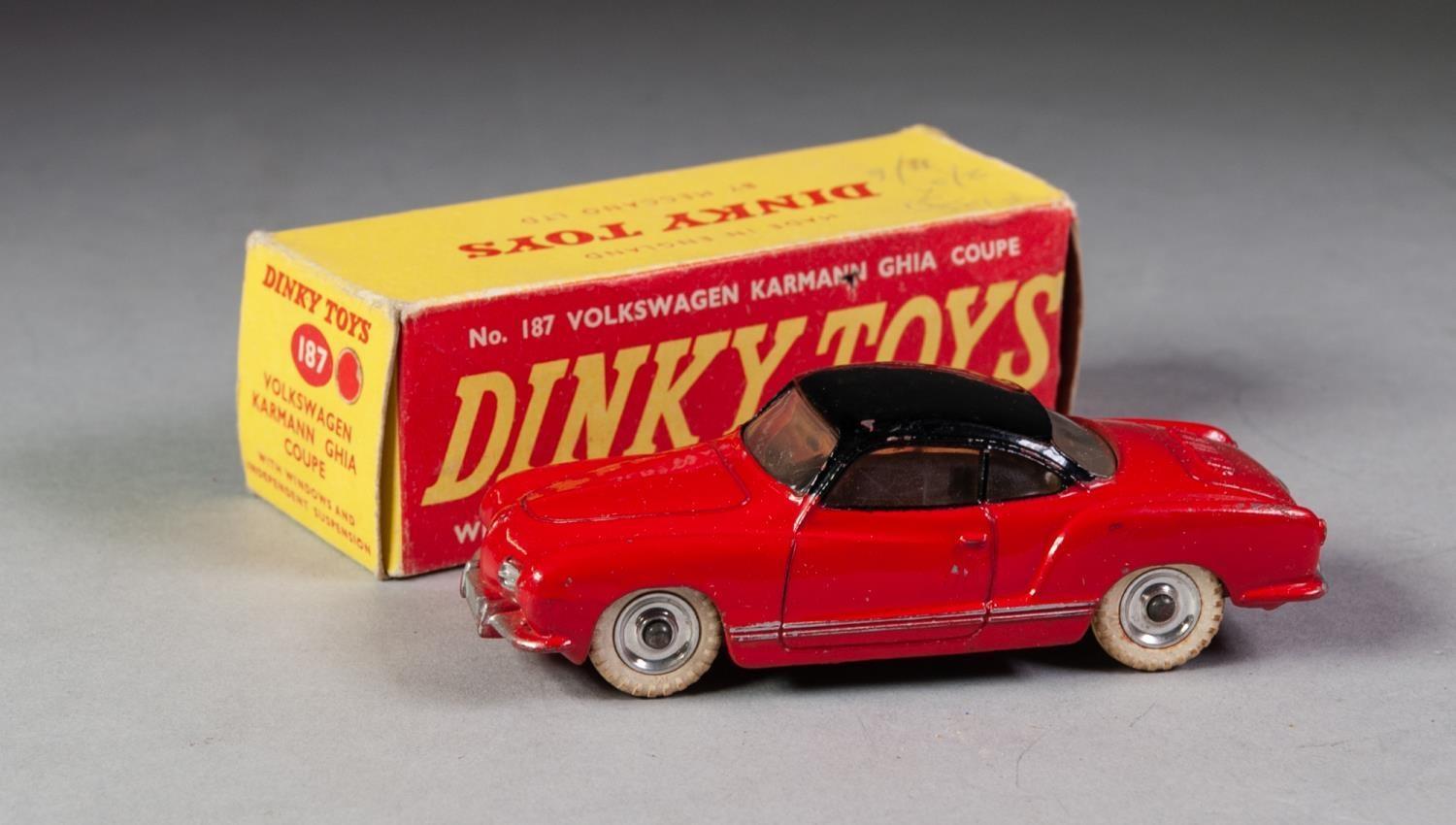 BOXED DINKY No 187 Volkswagen Karmann Ghia coupe, red, black roof, windows, convex steel hubs and