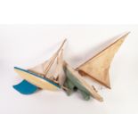 CYDIE CRAFT CIRCA 1950's STAINED AND PAINTED PINE POND YACHT with white and pale blue hull having