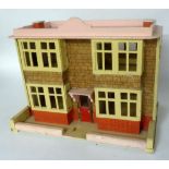 CIRCA 1950's PAINTED WOODEN DOLLS HOUSE double fronted flat pink roof printed paper brick and