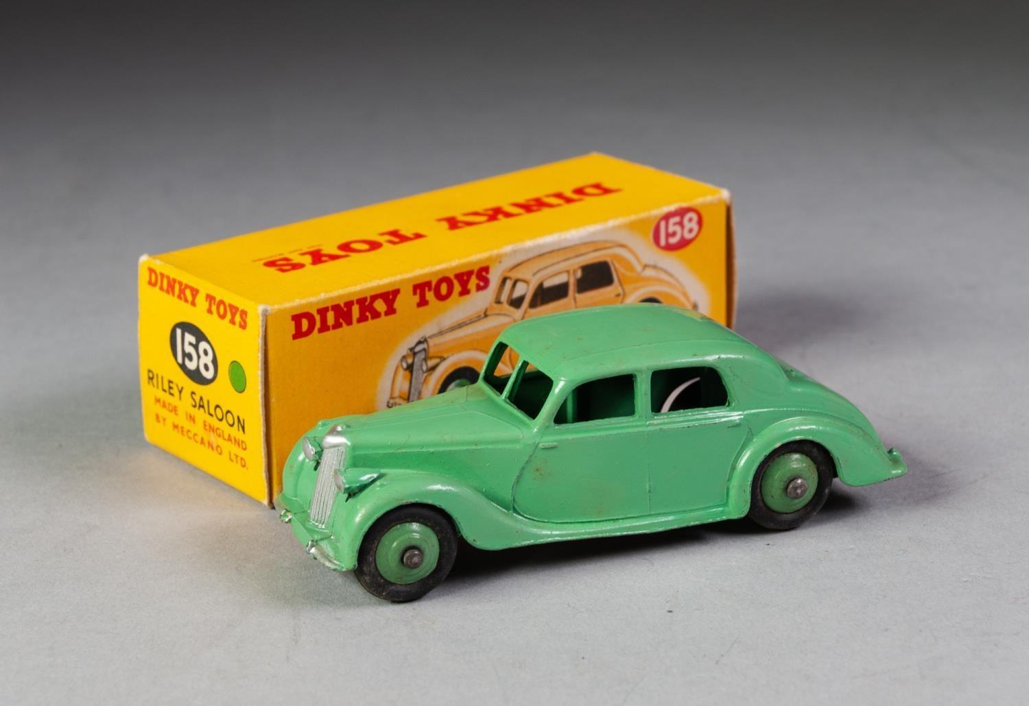 BOXED DINKY No 158 Riley saloon, green, mid green ridged hubs in yellow box with green spot