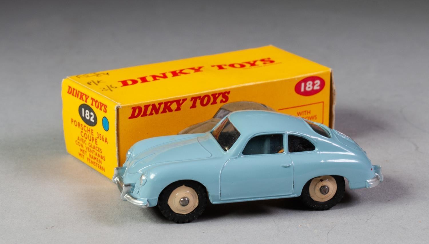 BOXED DINKY N o 182 Porsche 356A coupe with windows, light blue in yellow box