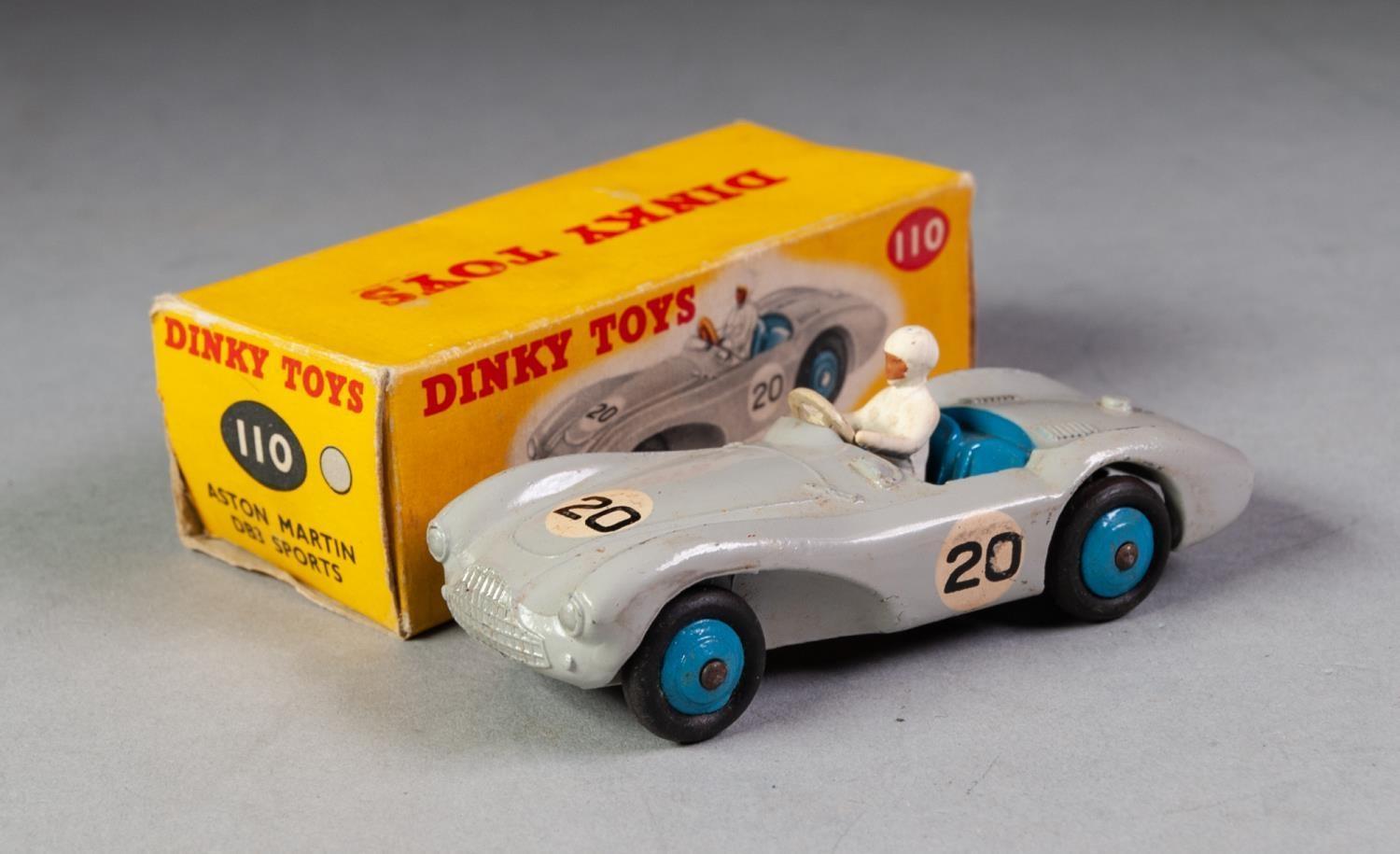 BOXED DINKY No 110 Aston martin DB3 sports grey, medium blue interior and hubs No 20 decal in yellow