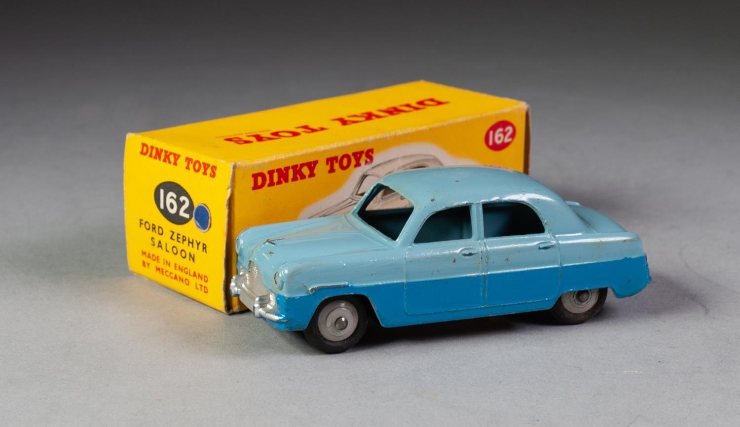 BOXED DINKY No 162 Ford Zephyr saloon in two tone blue, light grey spun hubs in yellow box