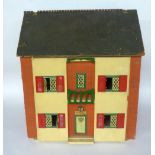 CIRCA 1950's WOODEN HARDBOARD AND METAL DOLLS HOUSE printed red brick paper and simulated tiled roof
